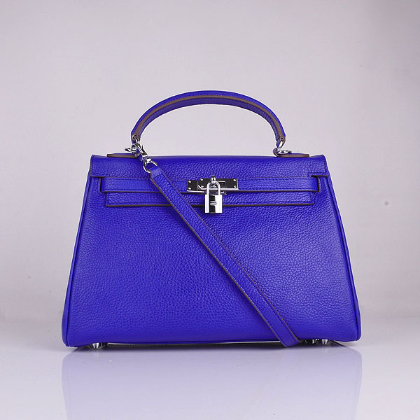 Hermes Kelly 32cm Tote Leather Bag Blue Clemence Silver